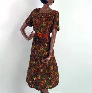 50s Day Dress Swing Skirt 60s Earth Colors Print Women's Vintage Large VFG