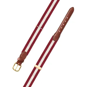 Adjustable Crimson & White Grosgrain Belt with Brown Leather Tabs