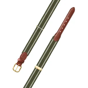 Adjustable Olive & White Grosgrain Belt with Brown Leather Tabs