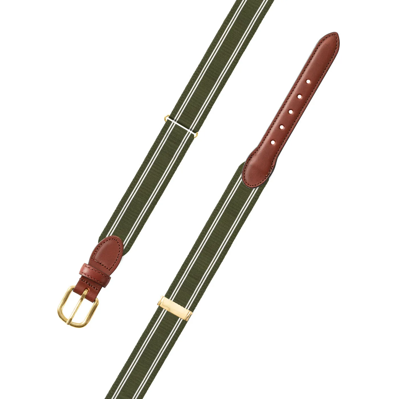 Adjustable Olive & White Grosgrain Belt with Brown Leather Tabs