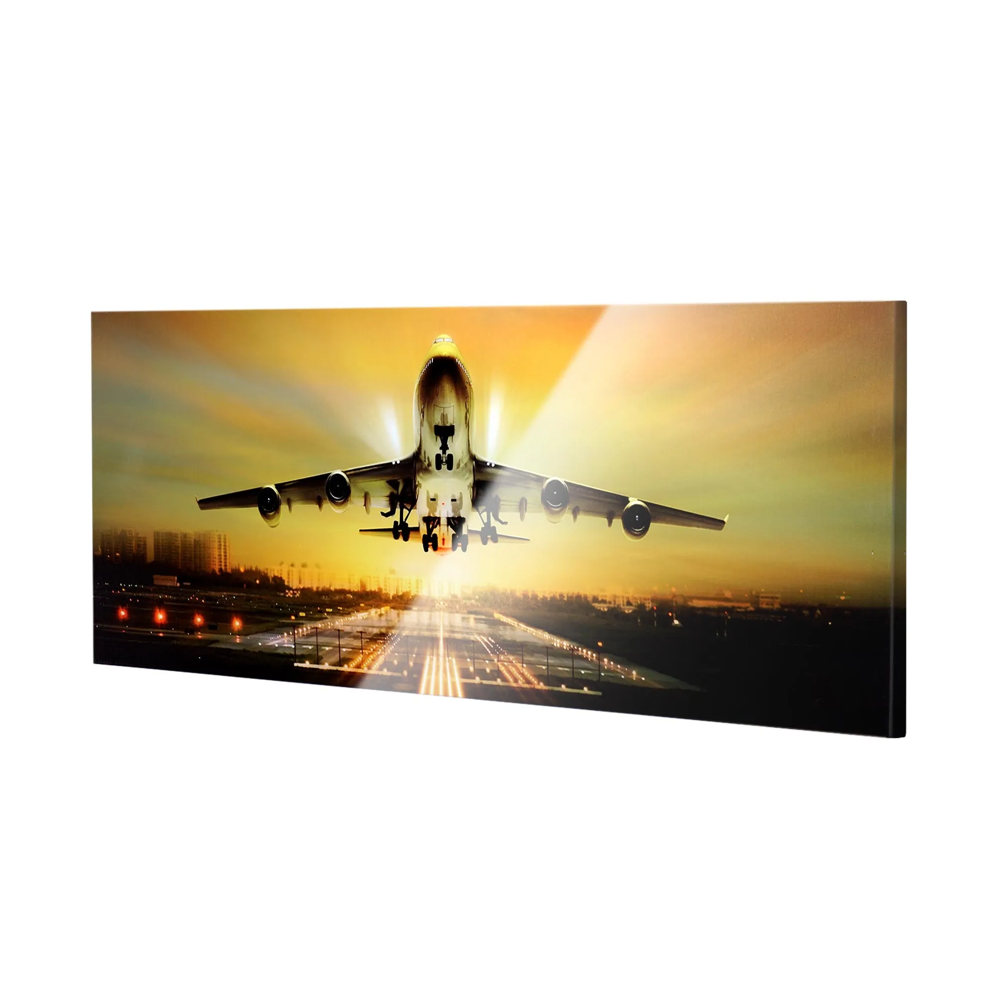 Airplane Take Off Glossy Lacquer Canvas Wall Art Print Panel - 48"x18"