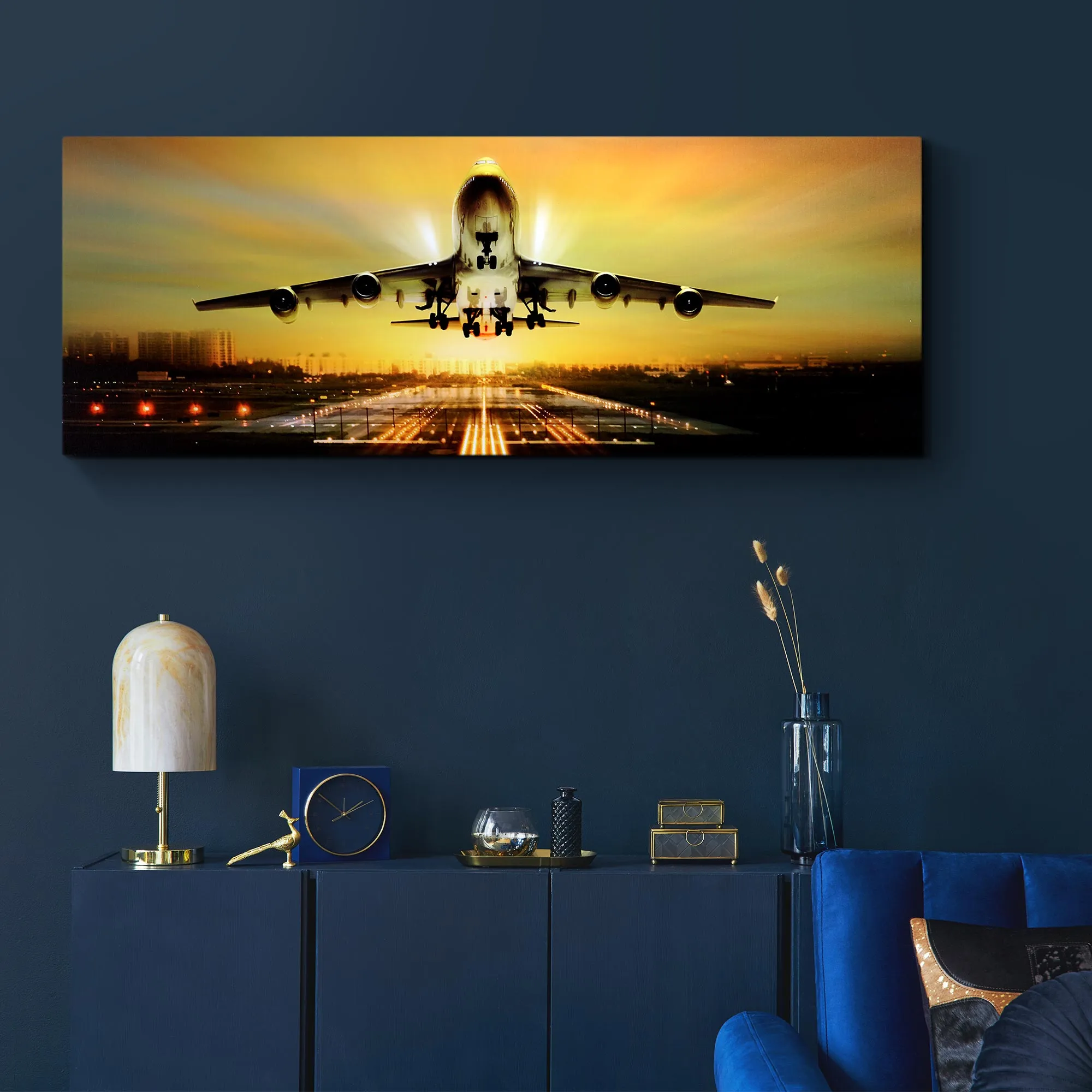Airplane Take Off Glossy Lacquer Canvas Wall Art Print Panel - 48"x18"