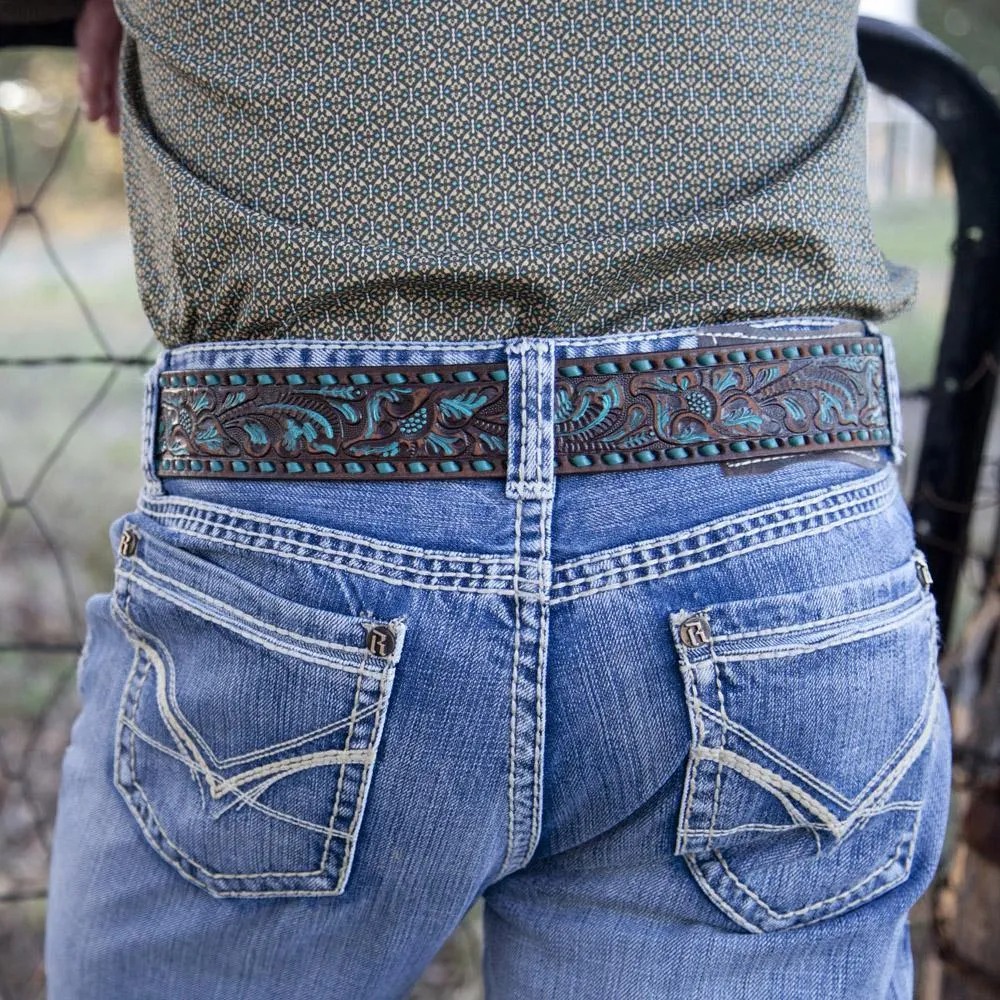 B087 - Brown Vintage Turquoise Floral Hi-Lites Belt