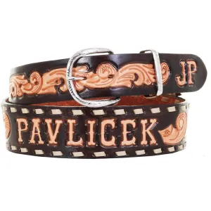 B1013 -Brown Whirlwind Tooled Belt with Initials