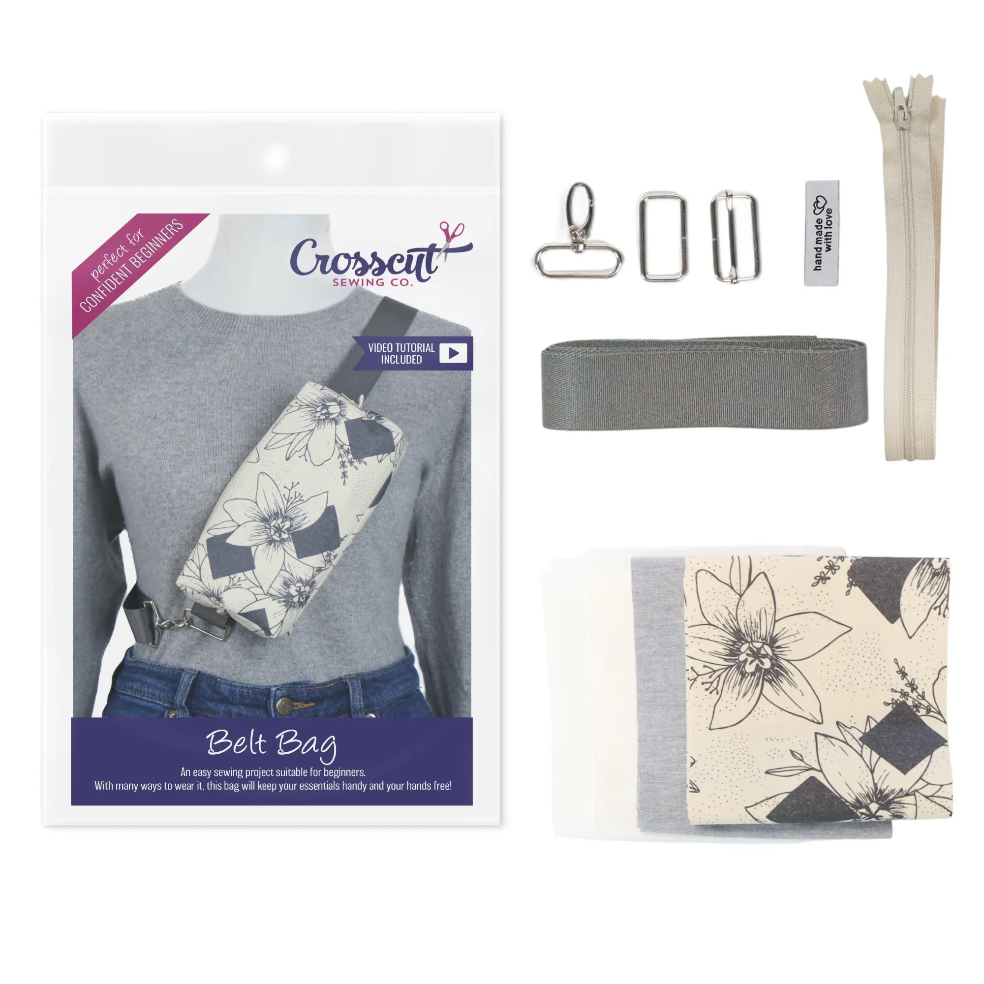 Belt Bag Sewing Kit - Supplies, Printed Pattern and Video Tutorial - Diamond Floral