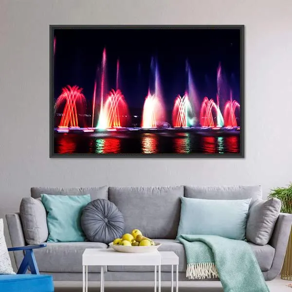 Colorful Fountain At Night Canvas Wall Art