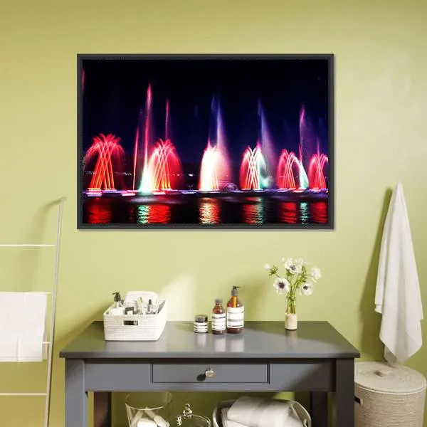 Colorful Fountain At Night Canvas Wall Art