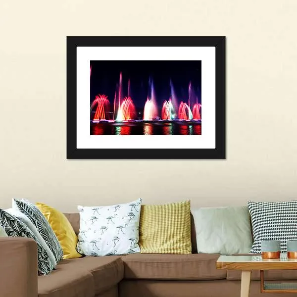 Colorful Fountain At Night Canvas Wall Art