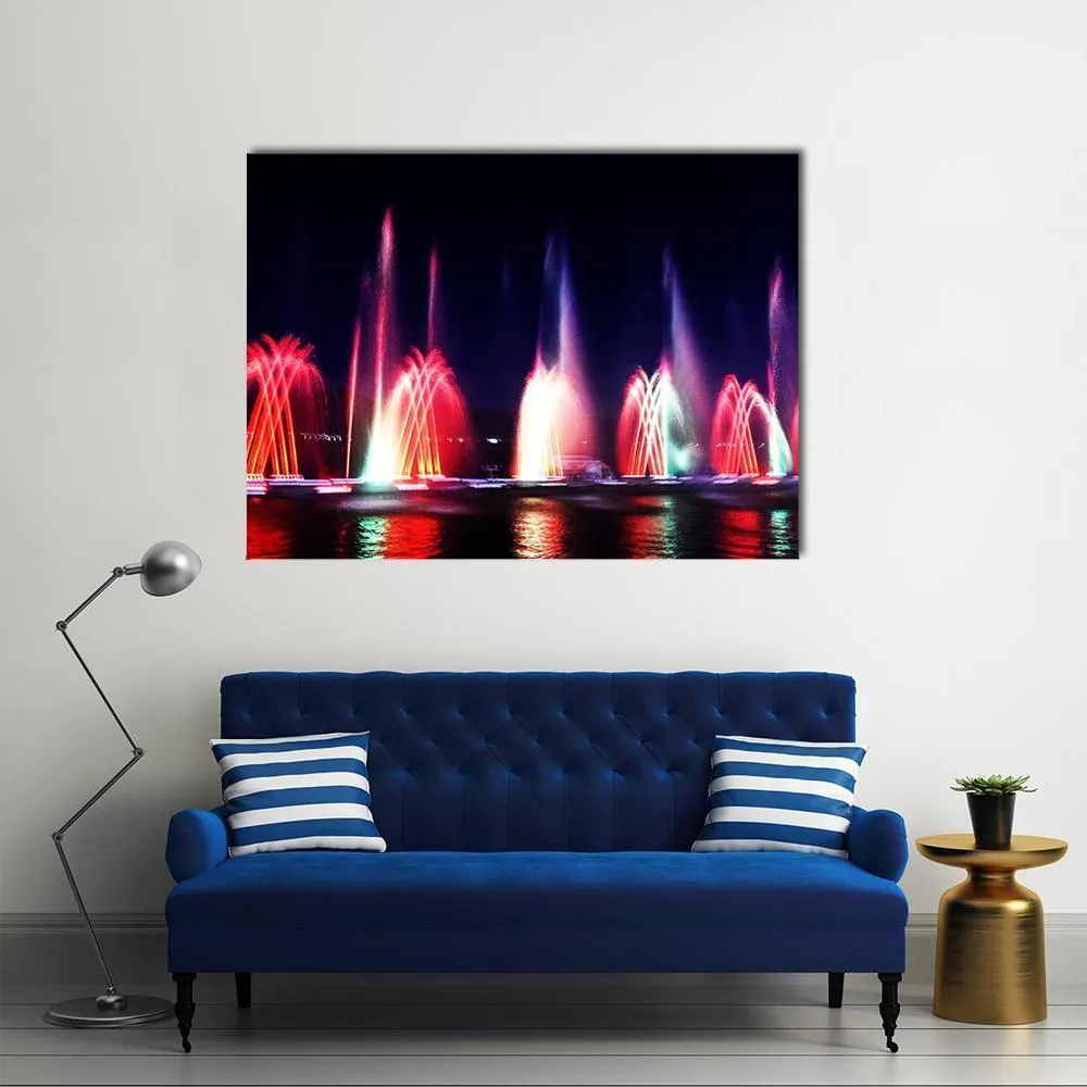 Colorful Fountain At Night Canvas Wall Art
