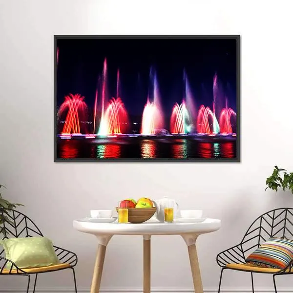 Colorful Fountain At Night Canvas Wall Art