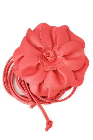 Coral Faux Leather Flower Tie Belt