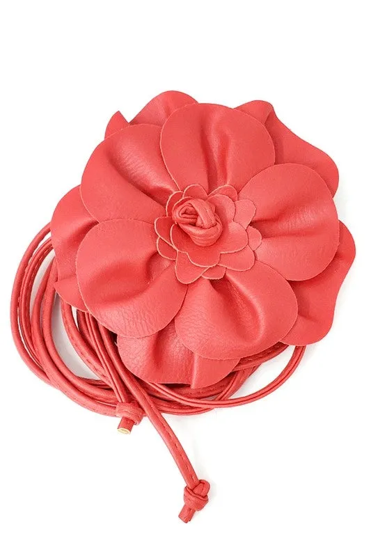 Coral Faux Leather Flower Tie Belt