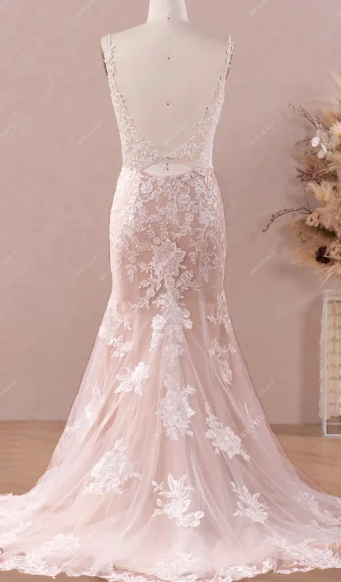 Custom Lace Champagne Two-Piece Mermaid Wedding Dress with Overskirt