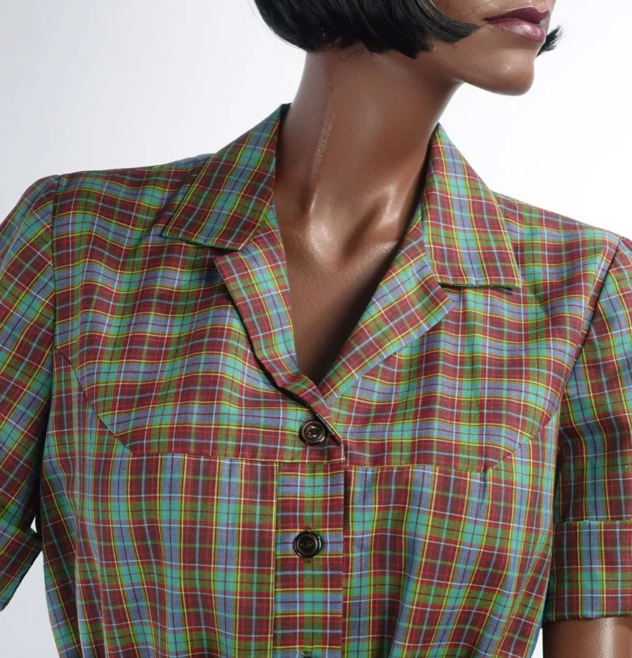 Deadstock 50s 60s Day Dress Plaid Shirtwaist Style Vintage Shift Large Nancy Frock Dan River VFG