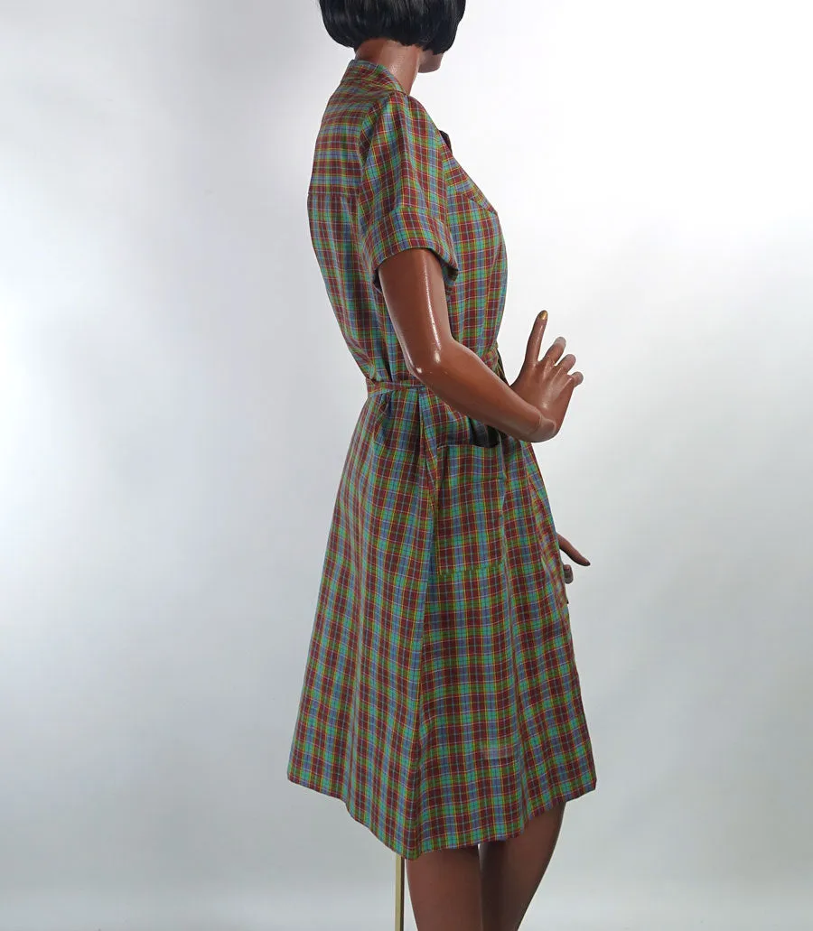 Deadstock 50s 60s Day Dress Plaid Shirtwaist Style Vintage Shift Large Nancy Frock Dan River VFG