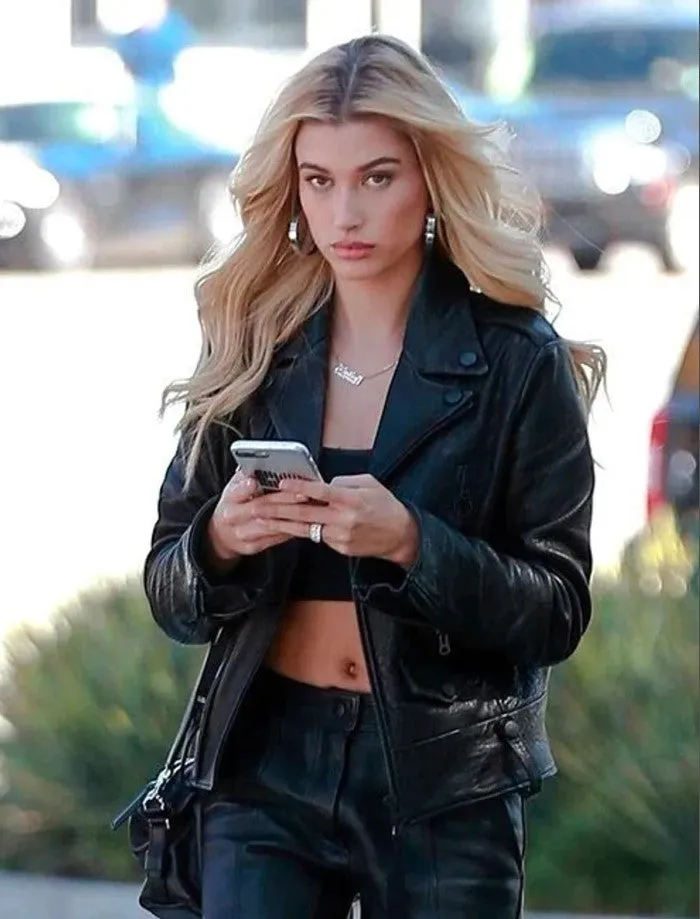 Elegant Black Leather Jacket Worn By Hailey Baldwin Bieber | Women Celebrity Jacket | Celebrity Leather Jacket
