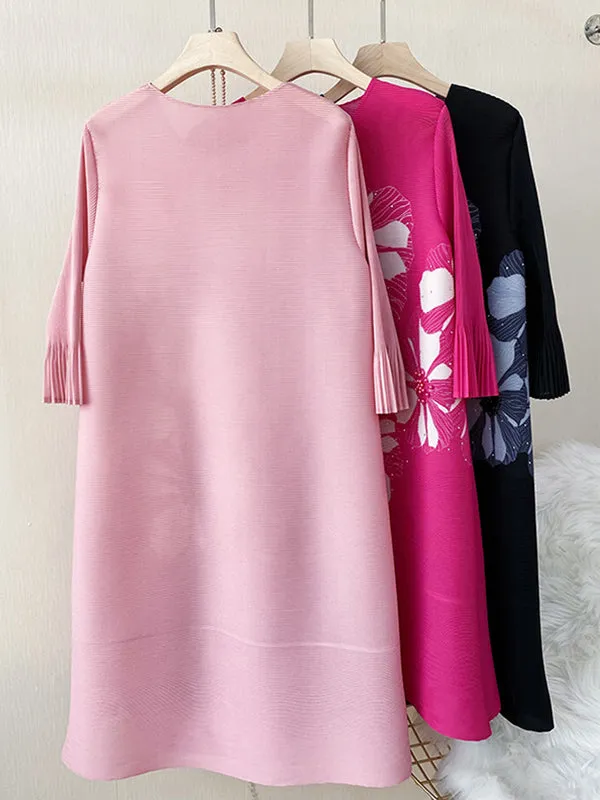 Flared Sleeves Loose Floral Printed Round-Neck Midi Dresses