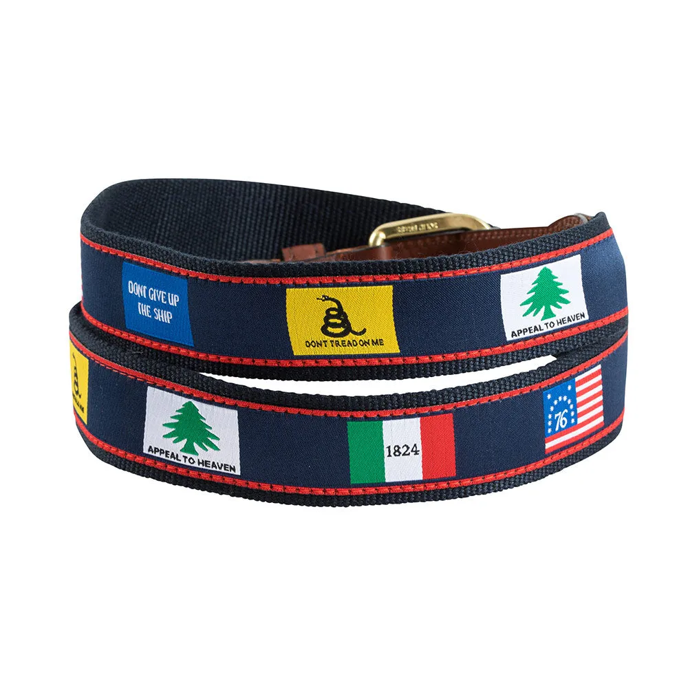 Founding Flags on Navy Bespoken Motif Leather Tab Belt