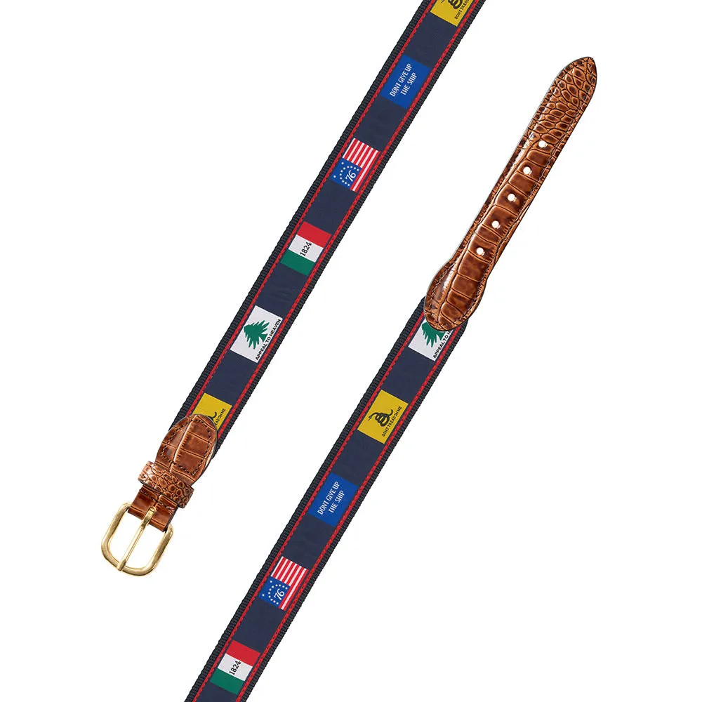 Founding Flags on Navy Bespoken Motif Leather Tab Belt