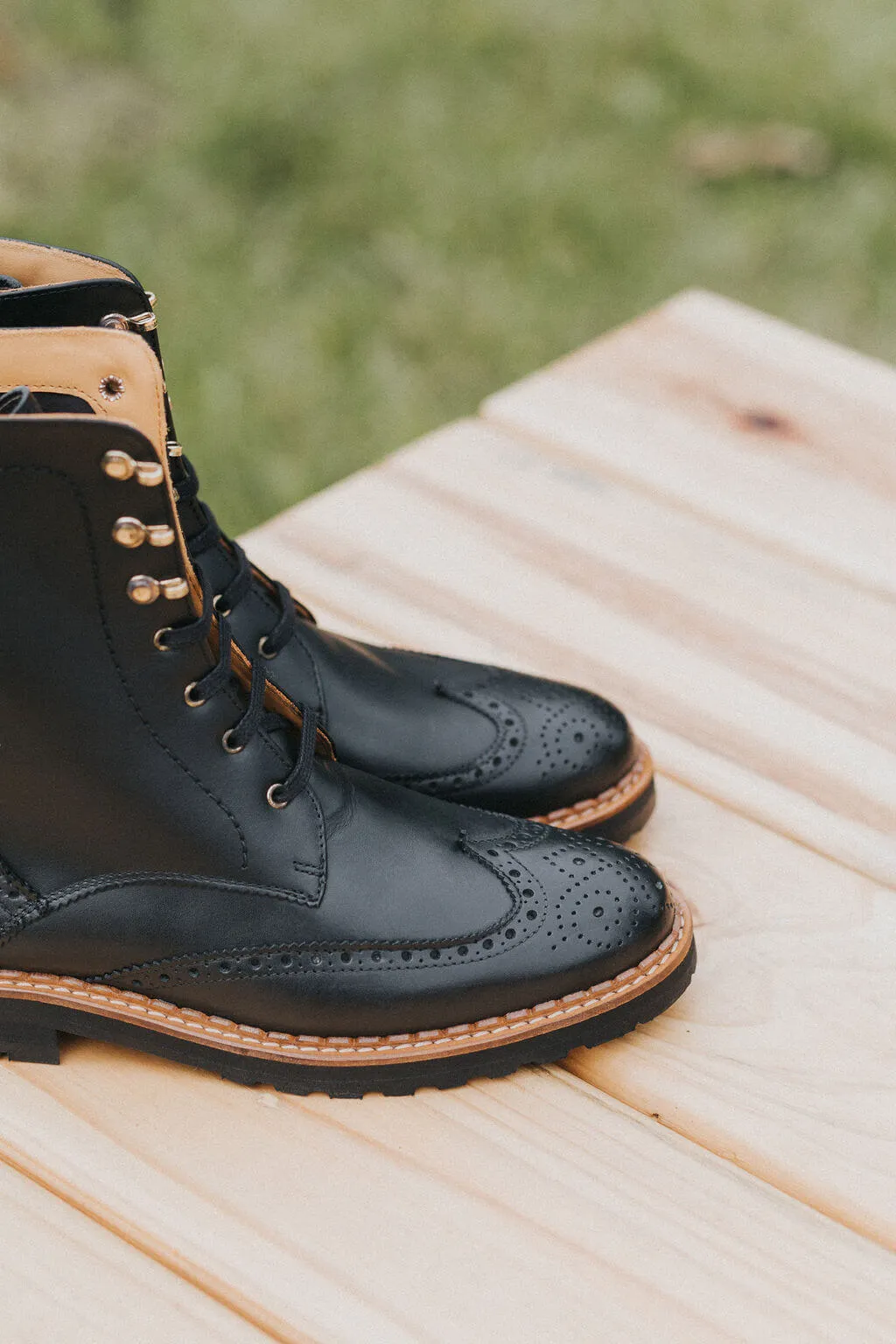 Gaia Lace-up Brogue Boots - Black Leather