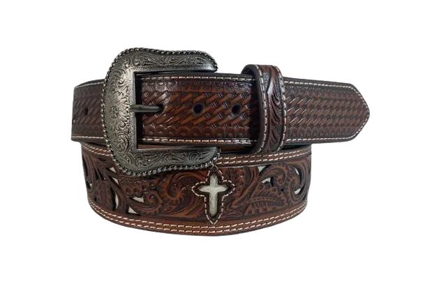 Gem Dandy Men's Roper Brown Cross Tooled Belt