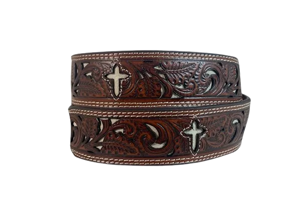 Gem Dandy Men's Roper Brown Cross Tooled Belt