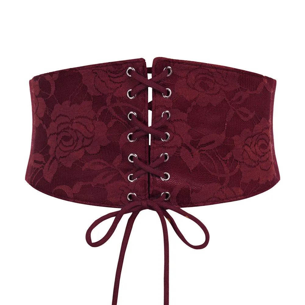 Lace Covered Polyurethane Leather Waistband Stretchy Waist Belt