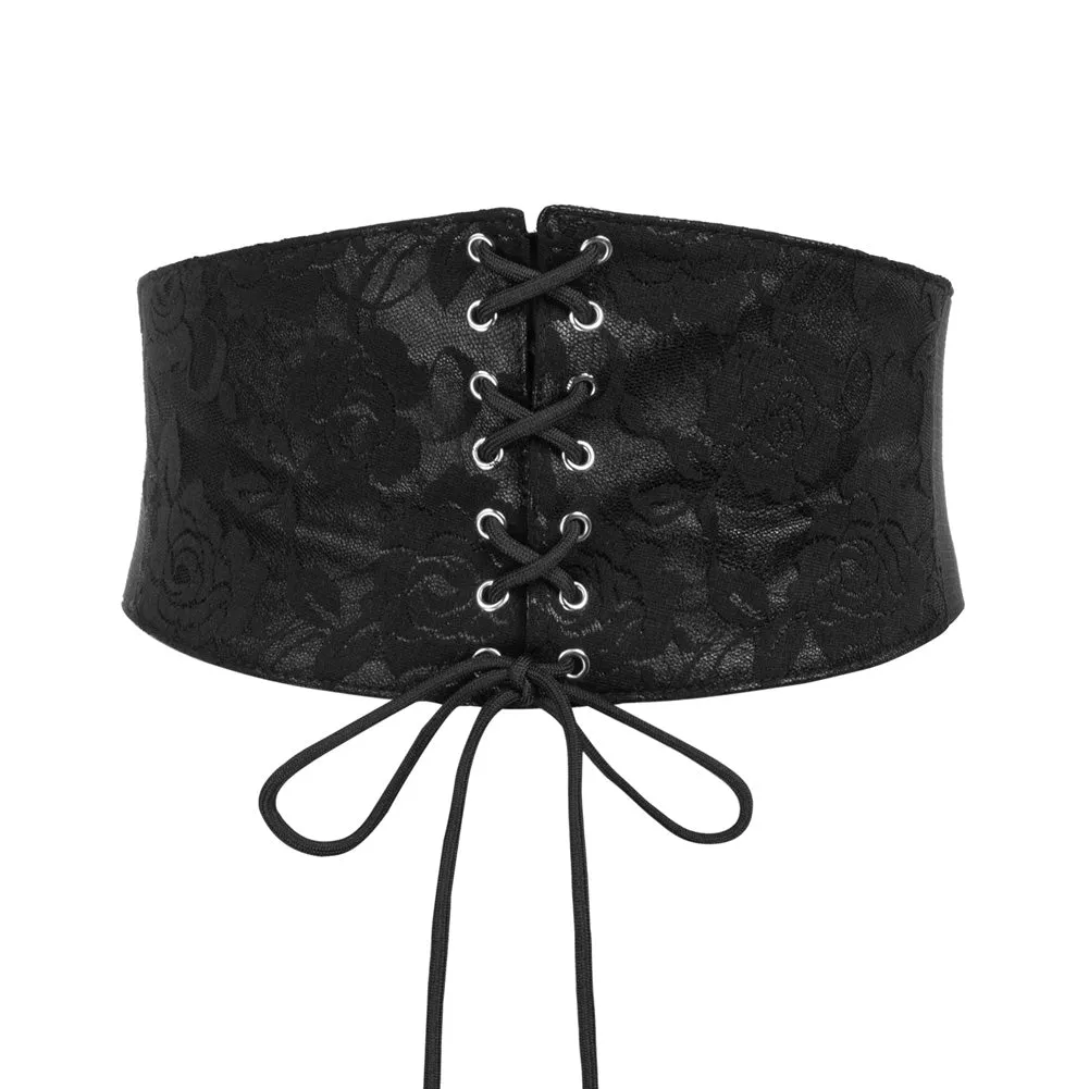 Lace Covered Polyurethane Leather Waistband Stretchy Waist Belt