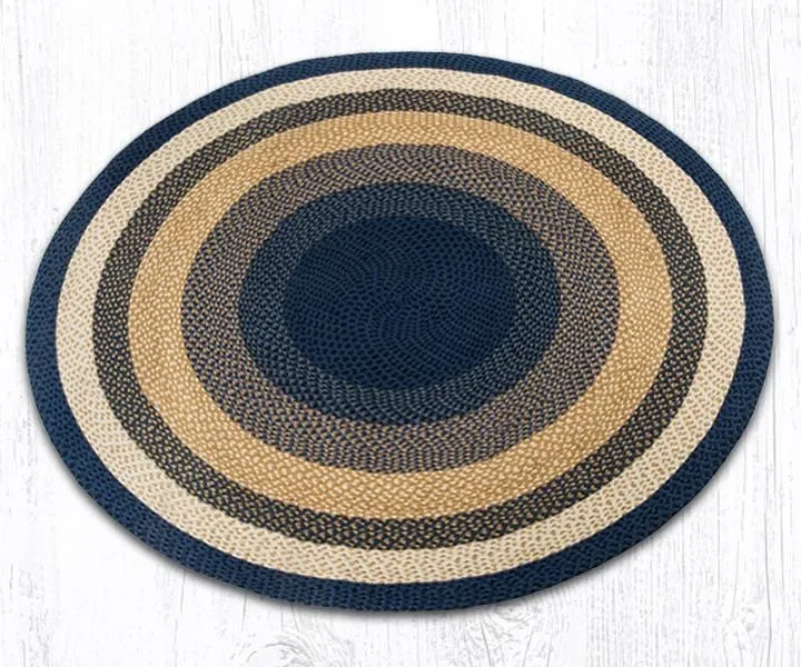 Light & Dark Blue, and Mustard Round Braided Rug