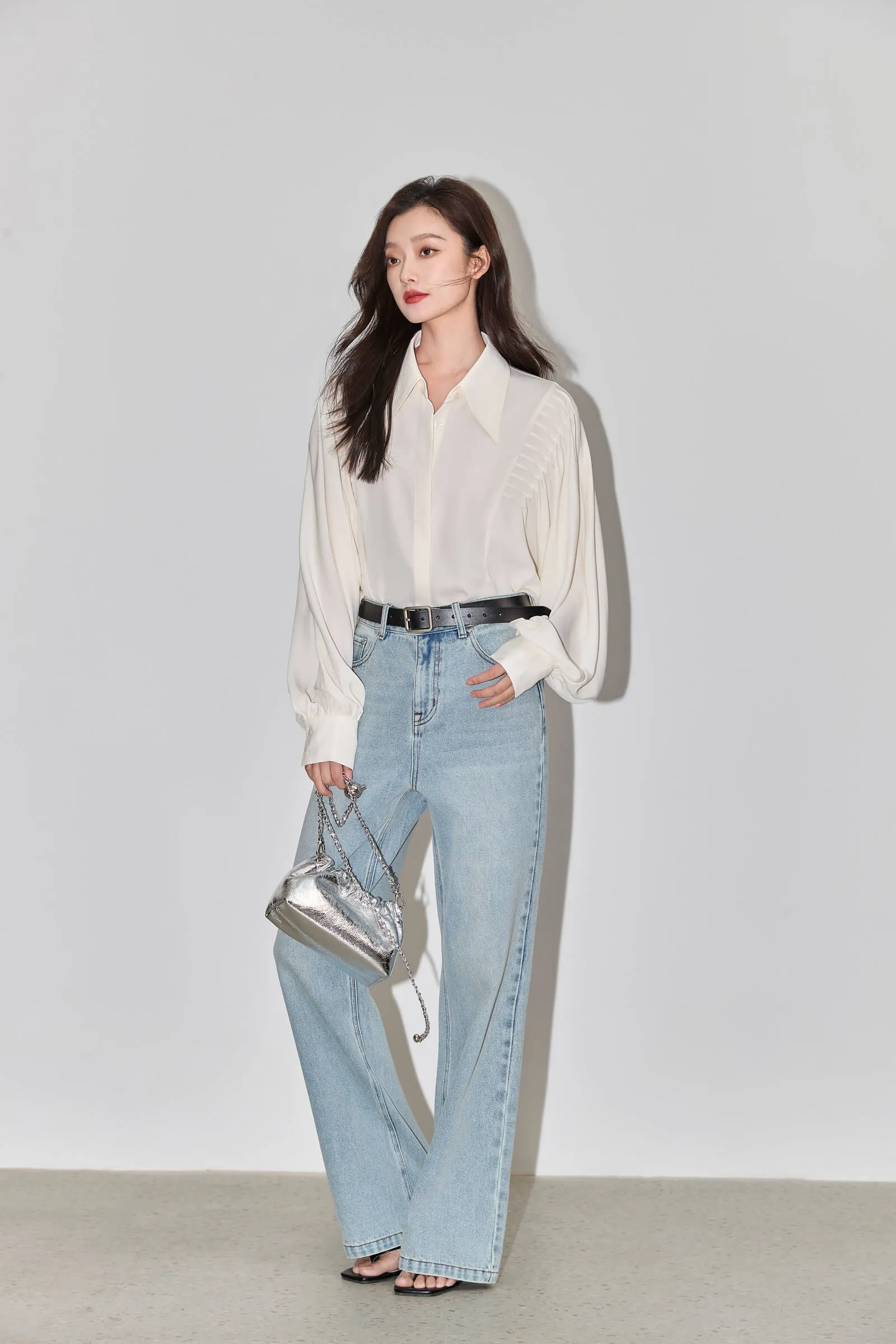 LILY Pleated Lantern-sleeved White Shirt