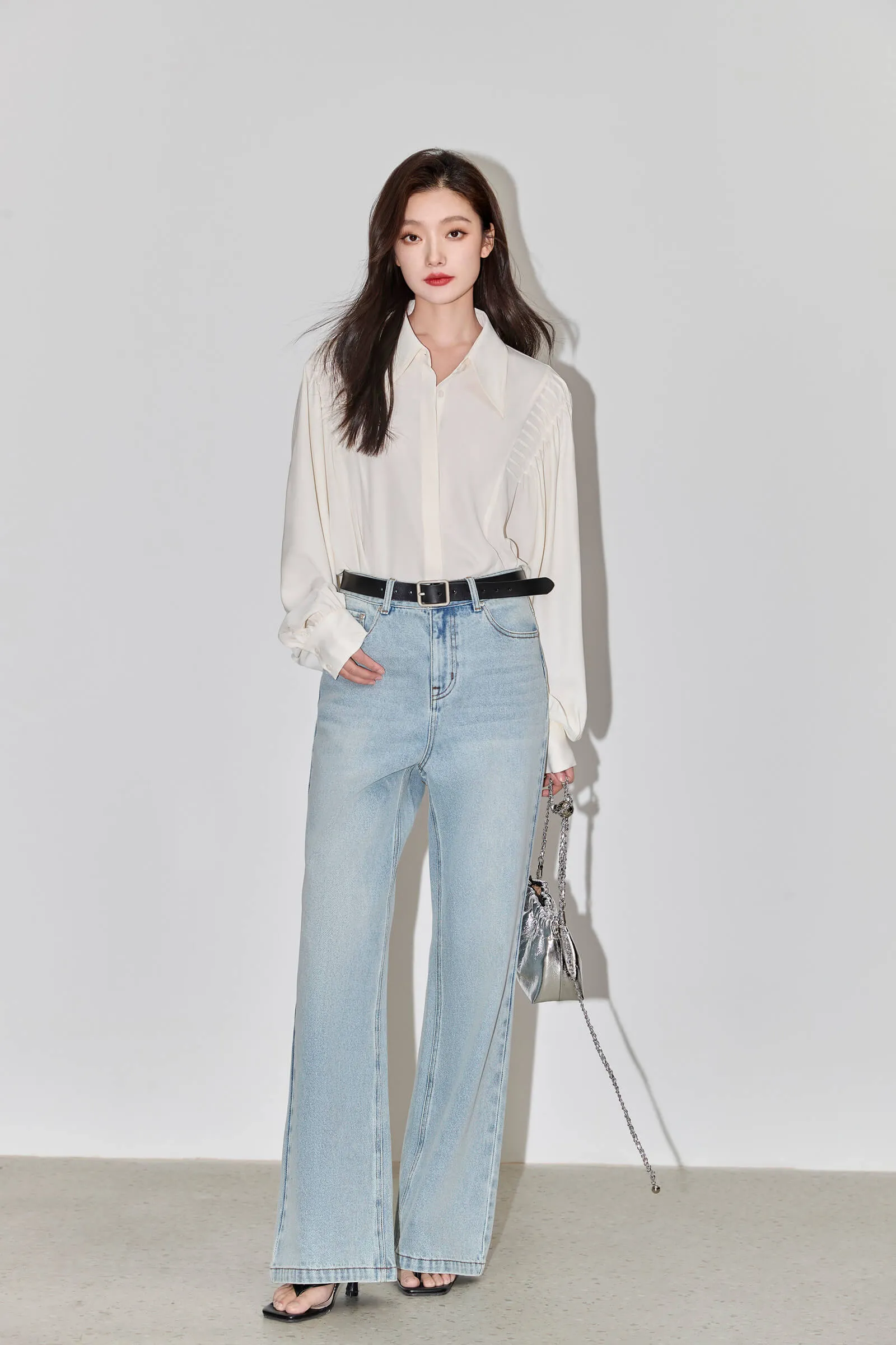 LILY Pleated Lantern-sleeved White Shirt