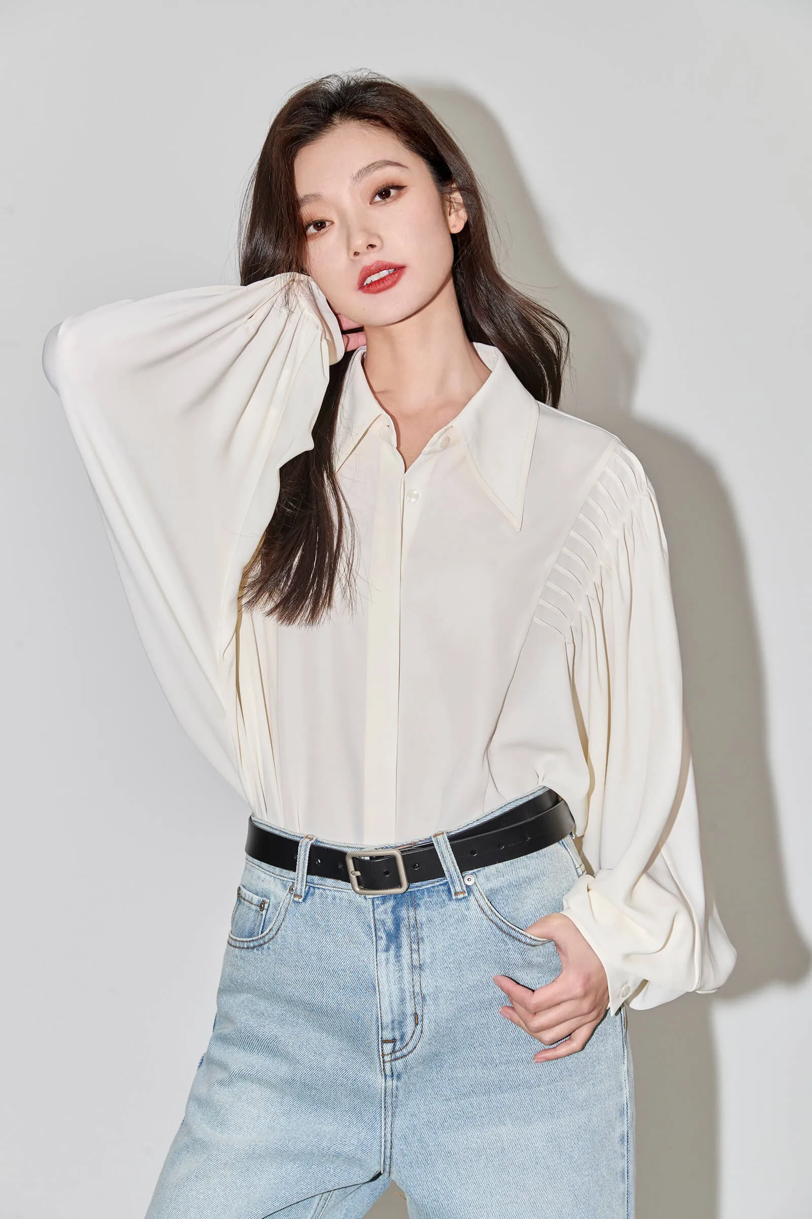 LILY Pleated Lantern-sleeved White Shirt