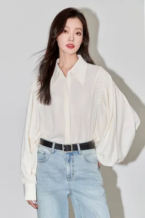 LILY Pleated Lantern-sleeved White Shirt