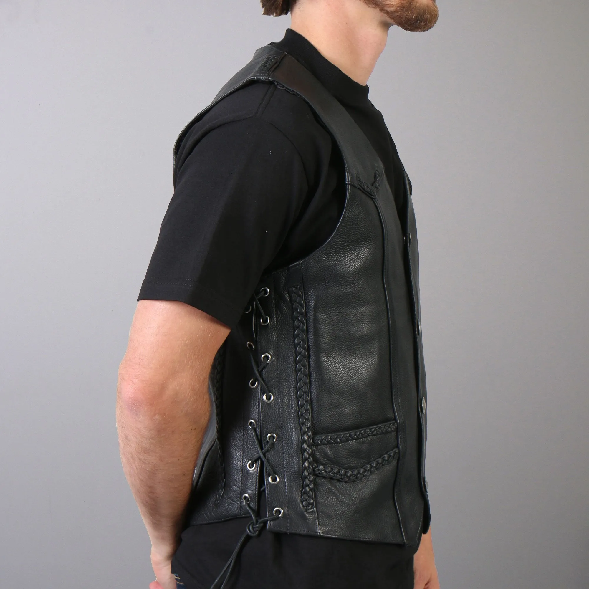 Men's Buffalo Nickel Snap Leather Vest w/ Braided Detail, VSM1008-HL
