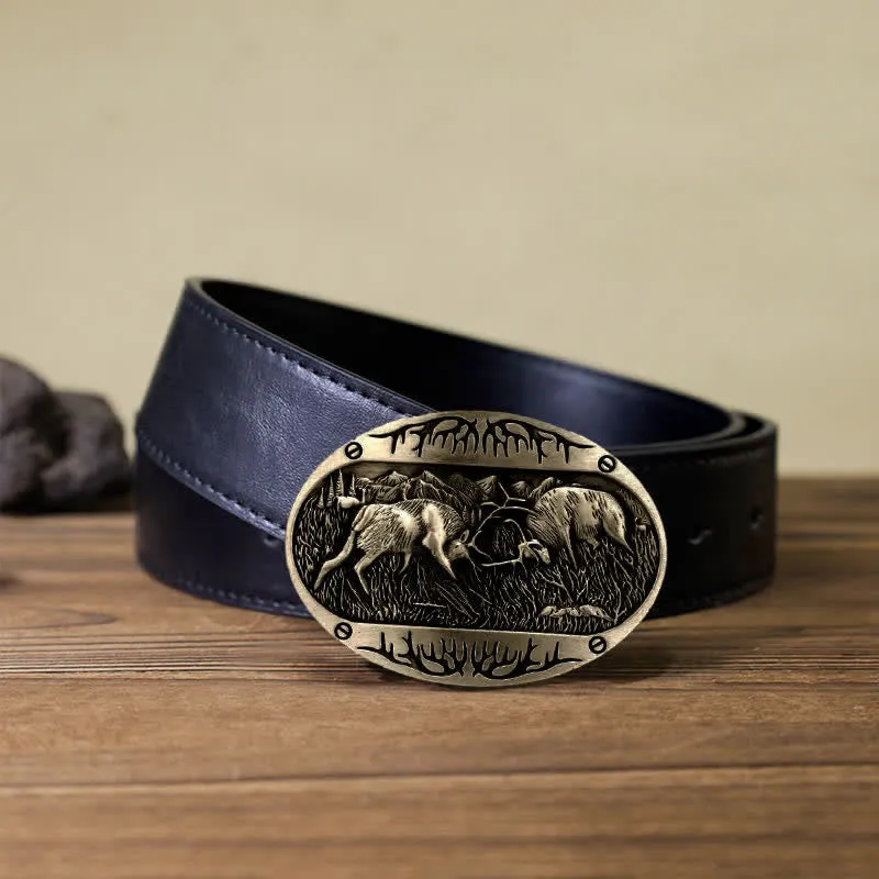 Men's DIY Wild Fighting Deer Buckle Western Leather Belt