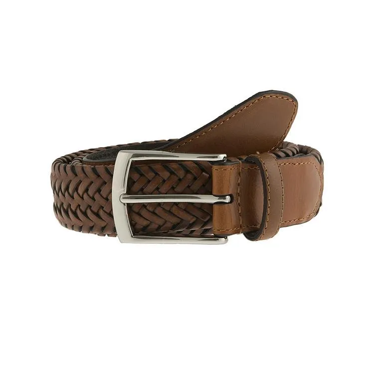Men's Woven Leather Belt with Satin Nickel Buckle