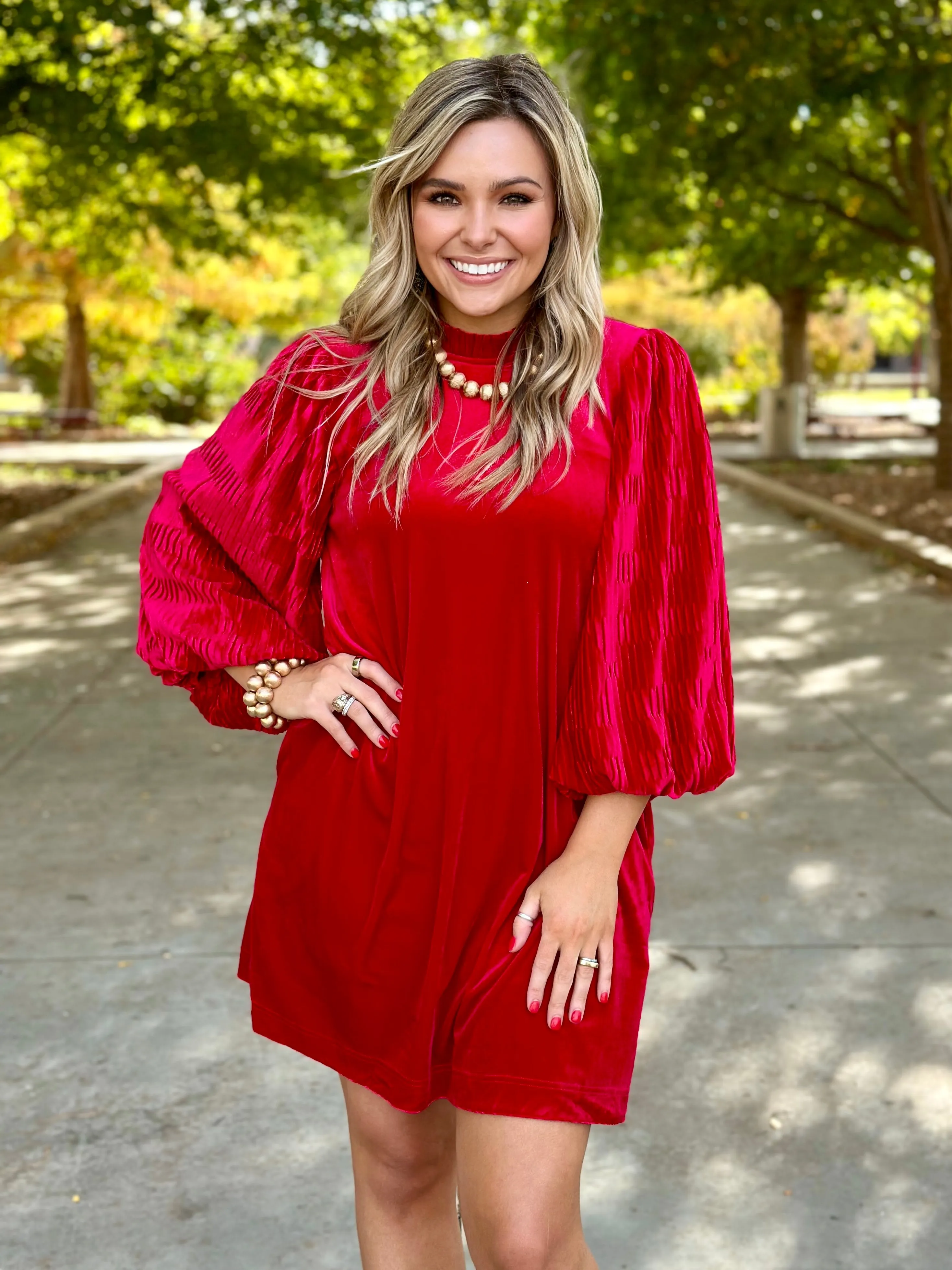 Merry Red Velvet Puff Sleeve Dress