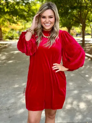 Merry Red Velvet Puff Sleeve Dress