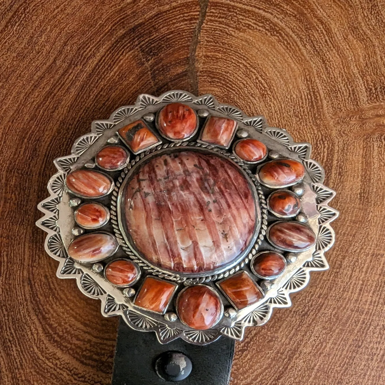 Navajo Made Red/Orange Spiny Oyster Concho Leather Belt GJ-BLT-0004