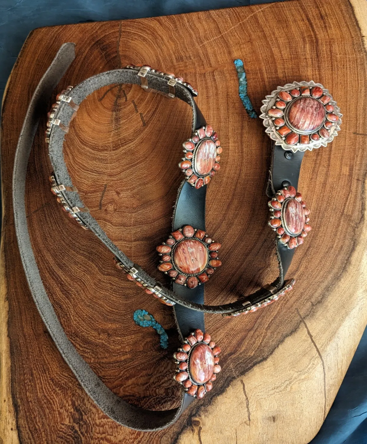 Navajo Made Red/Orange Spiny Oyster Concho Leather Belt GJ-BLT-0004