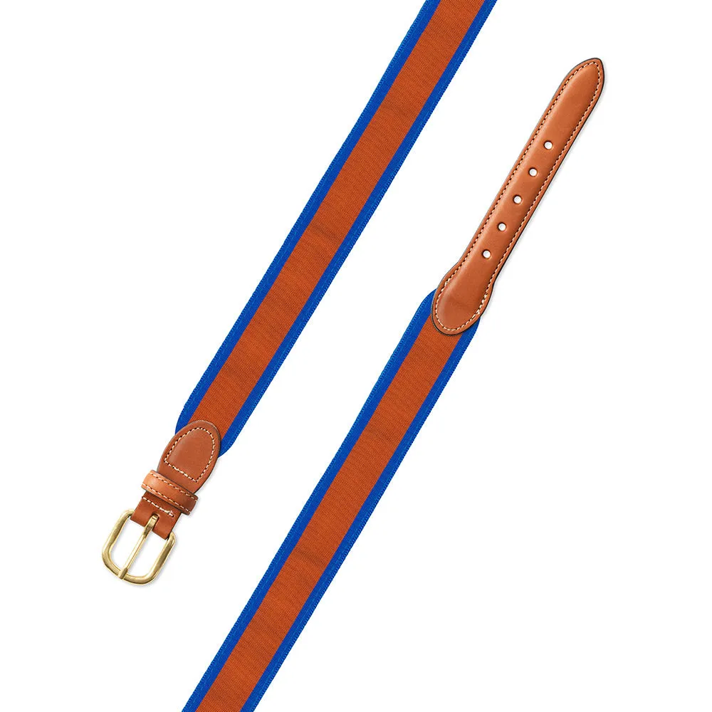 Orange on Blue Grosgrain Ribbon Leather Tab Belt