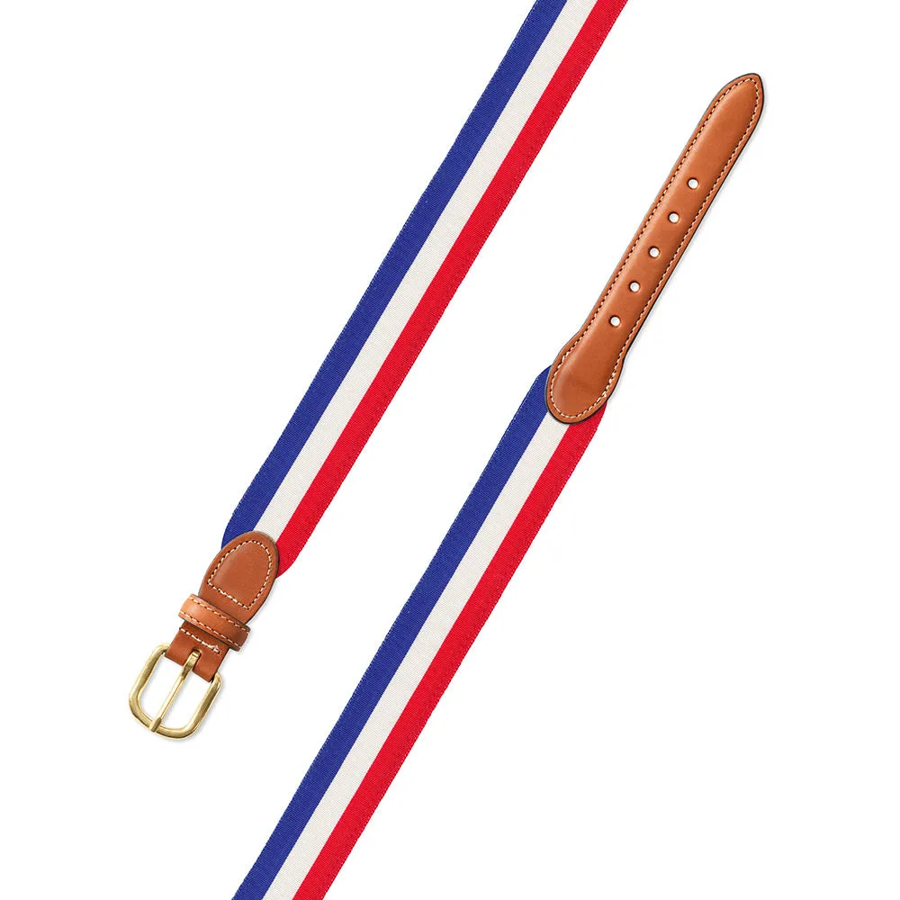 Red, White & Blue Grosgrain Ribbon Leather Tab Belt