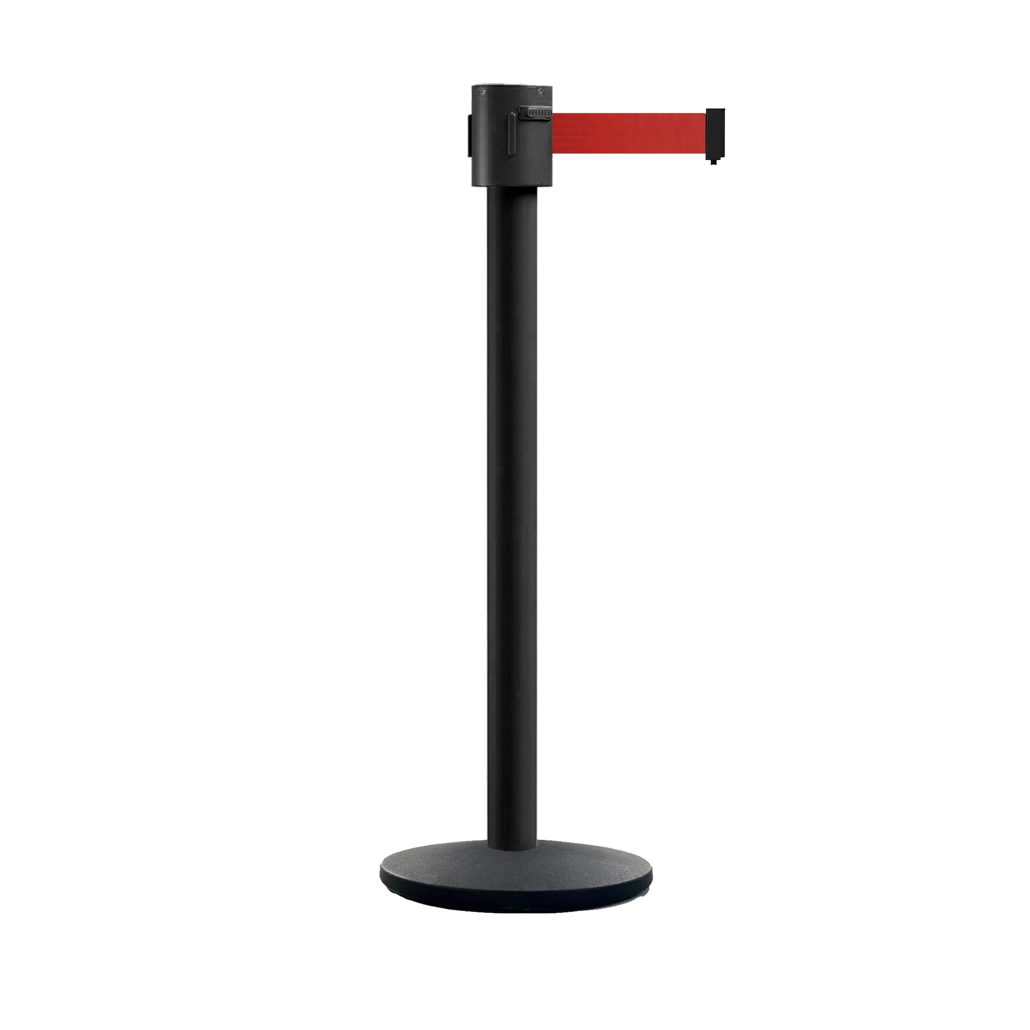 Retractable Belt Barrier Stanchion, Cast Iron Base Base, Black Powder Coated Post, 35 ft Belt - Montour Line MI760