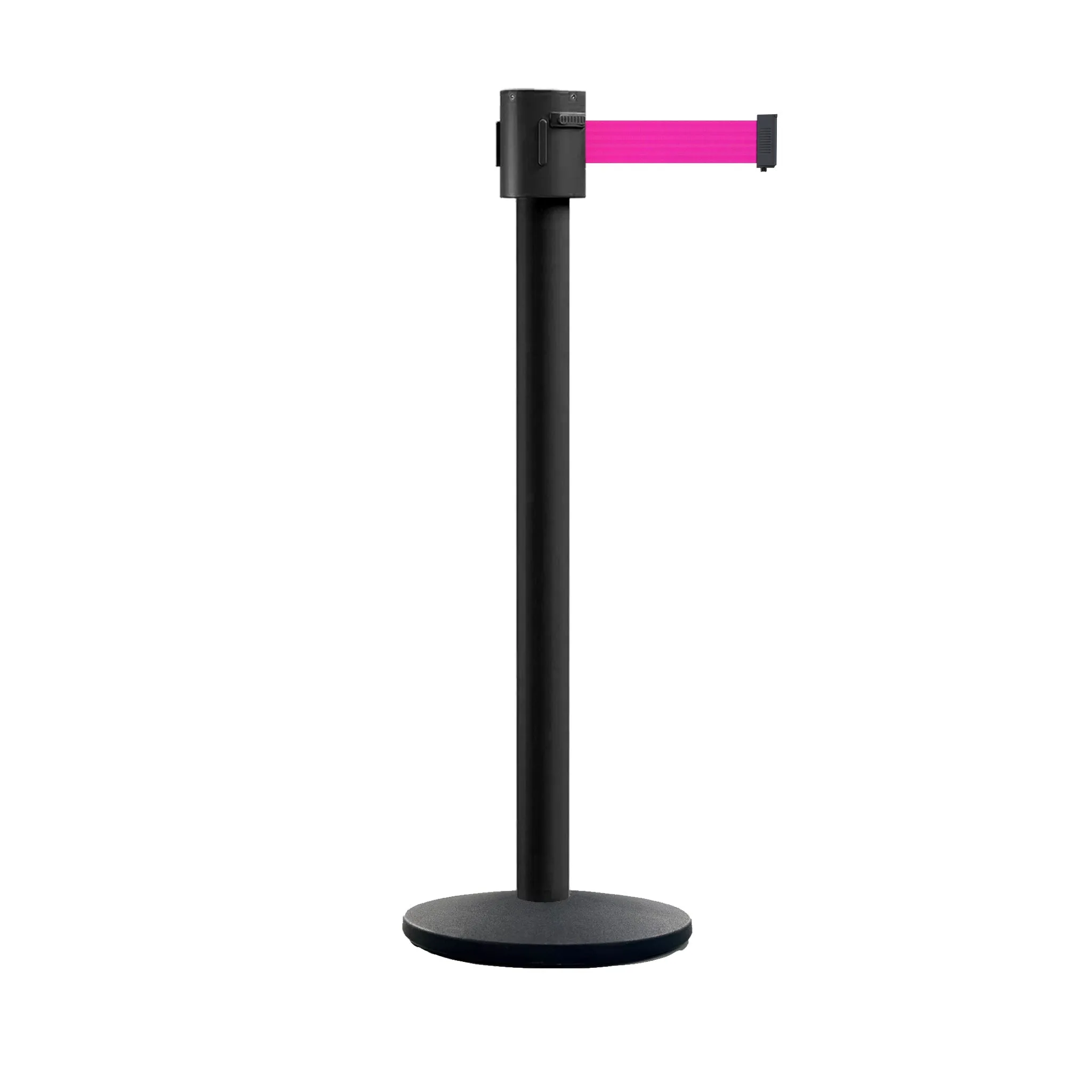 Retractable Belt Barrier Stanchion, Cast Iron Base Base, Black Powder Coated Post, 35 ft Belt - Montour Line MI760