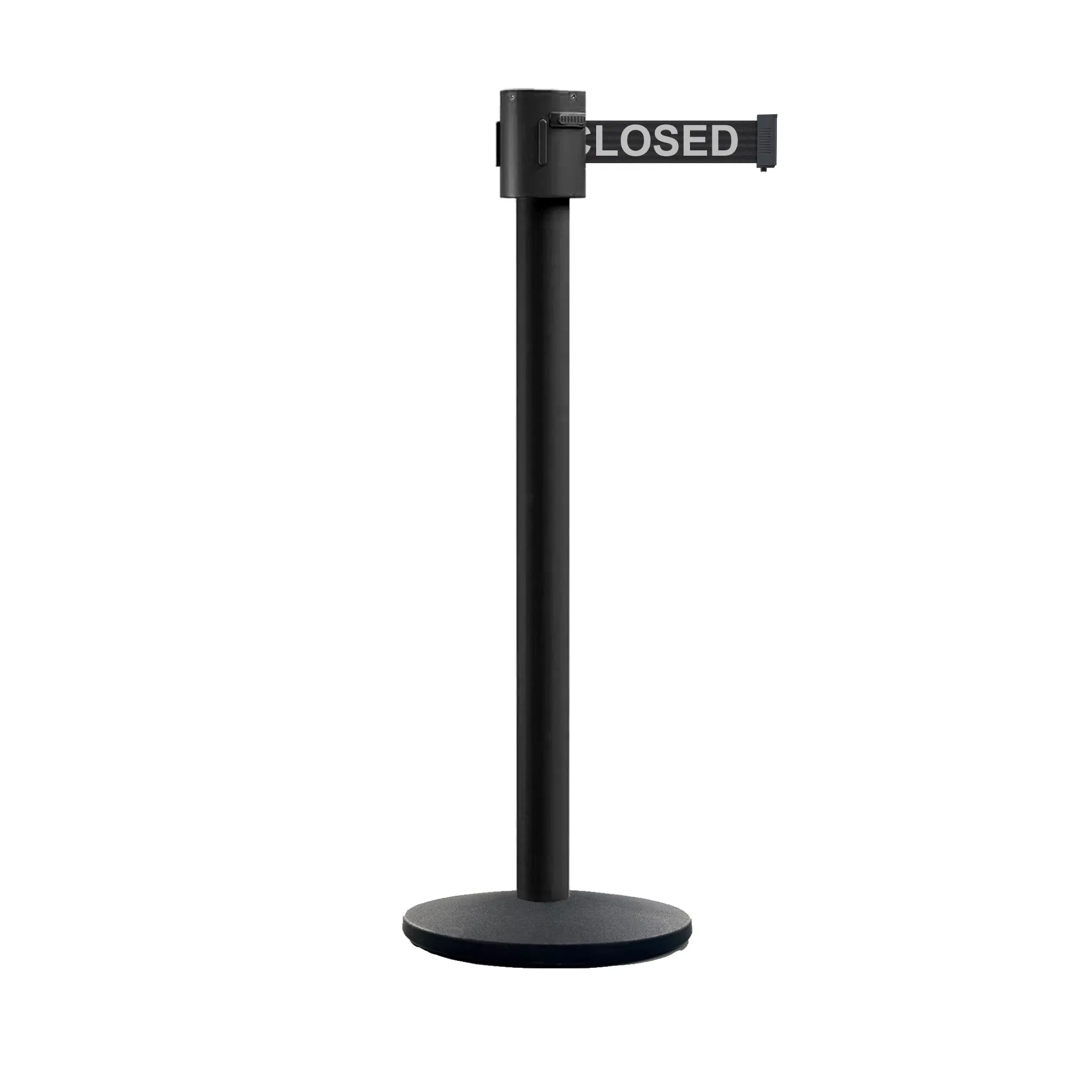 Retractable Belt Barrier Stanchion, Cast Iron Base Base, Black Powder Coated Post, 35 ft Belt - Montour Line MI760
