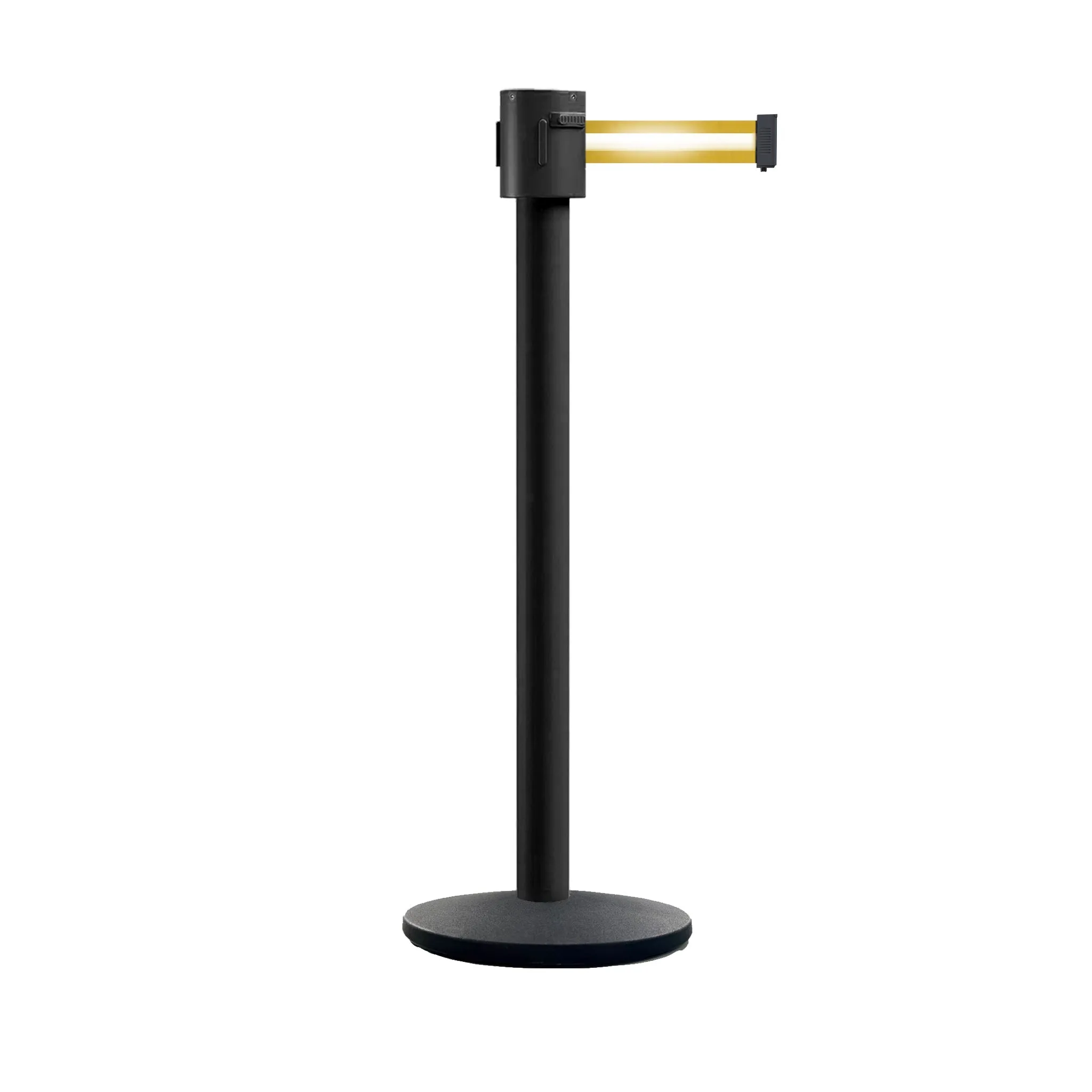 Retractable Belt Barrier Stanchion, Cast Iron Base Base, Black Powder Coated Post, 35 ft Belt - Montour Line MI760