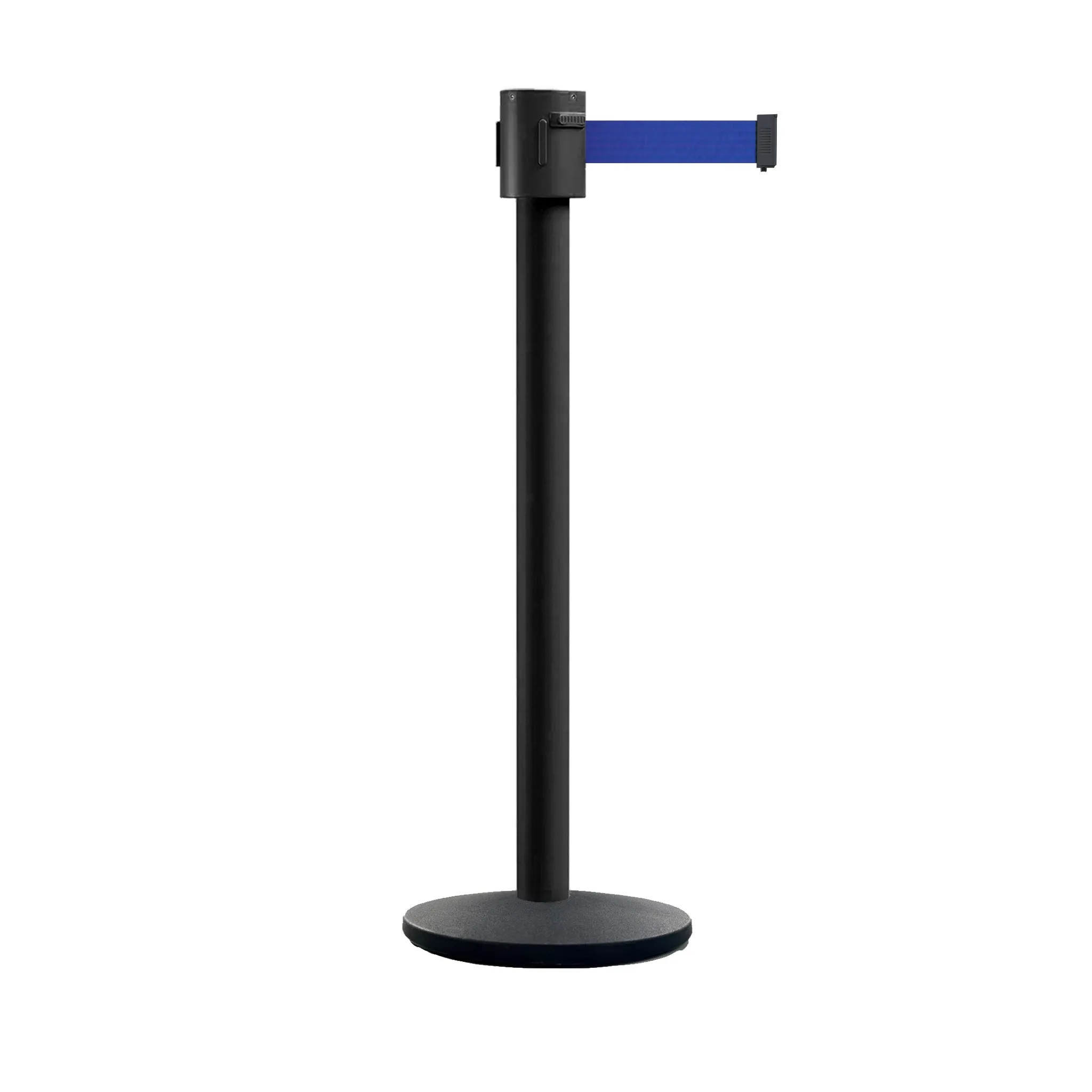 Retractable Belt Barrier Stanchion, Cast Iron Base Base, Black Powder Coated Post, 35 ft Belt - Montour Line MI760
