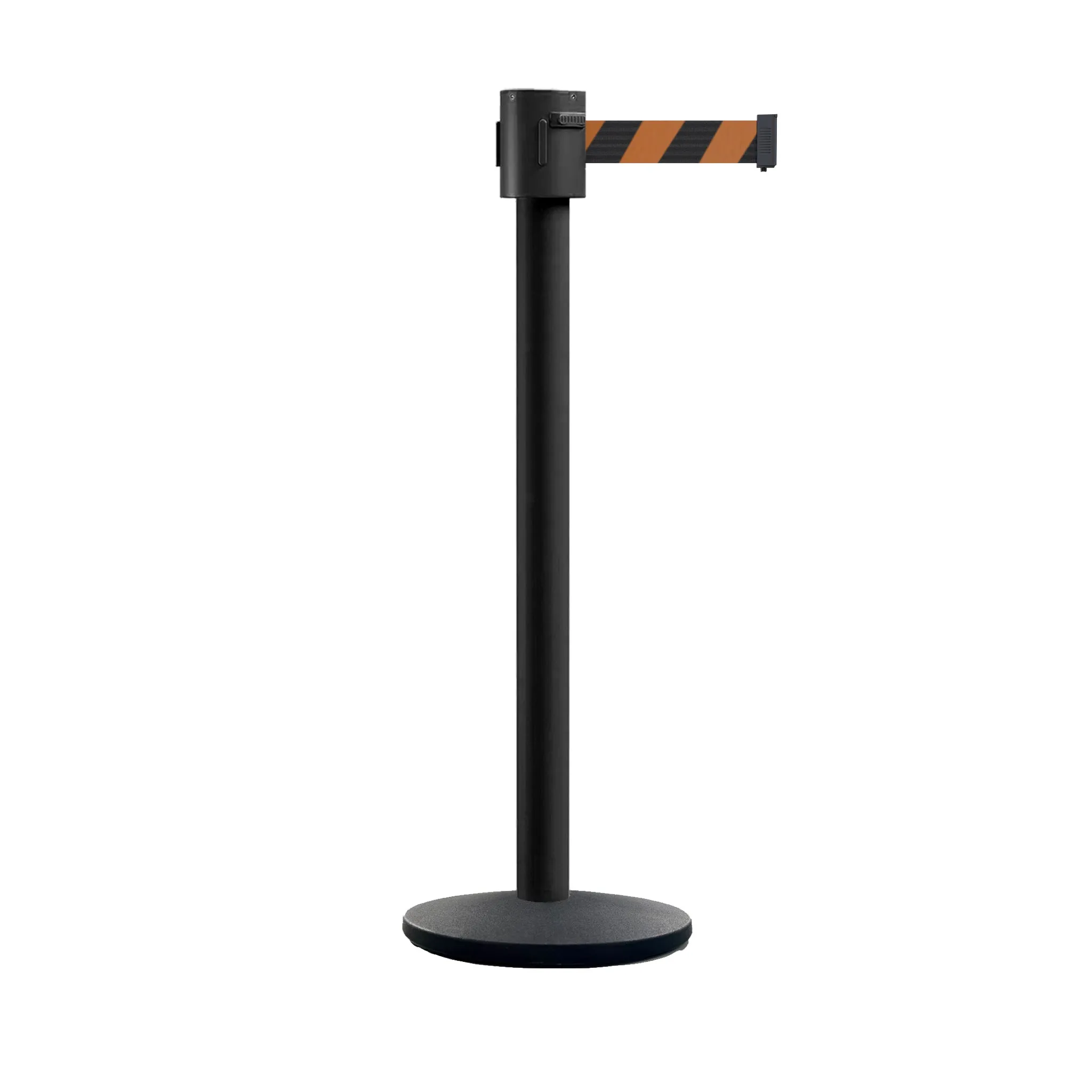 Retractable Belt Barrier Stanchion, Cast Iron Base Base, Black Powder Coated Post, 35 ft Belt - Montour Line MI760