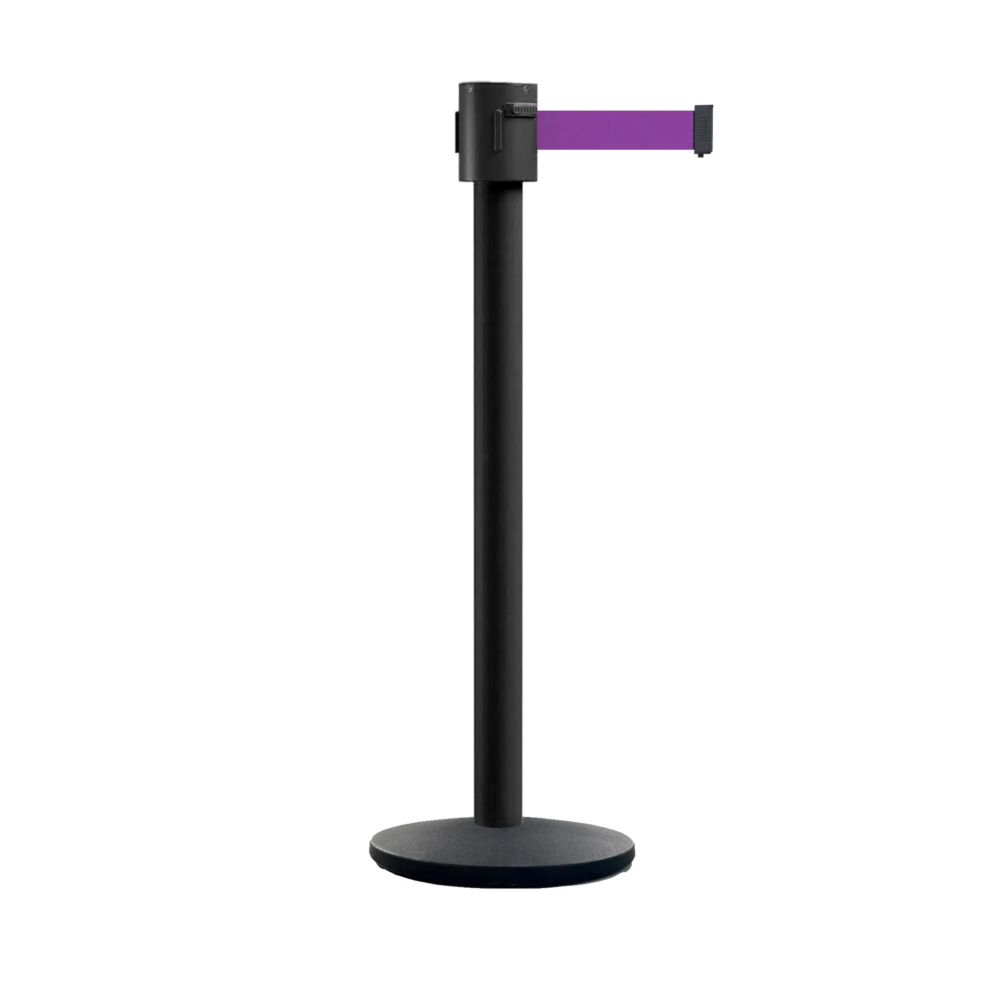 Retractable Belt Barrier Stanchion, Cast Iron Base Base, Black Powder Coated Post, 35 ft Belt - Montour Line MI760