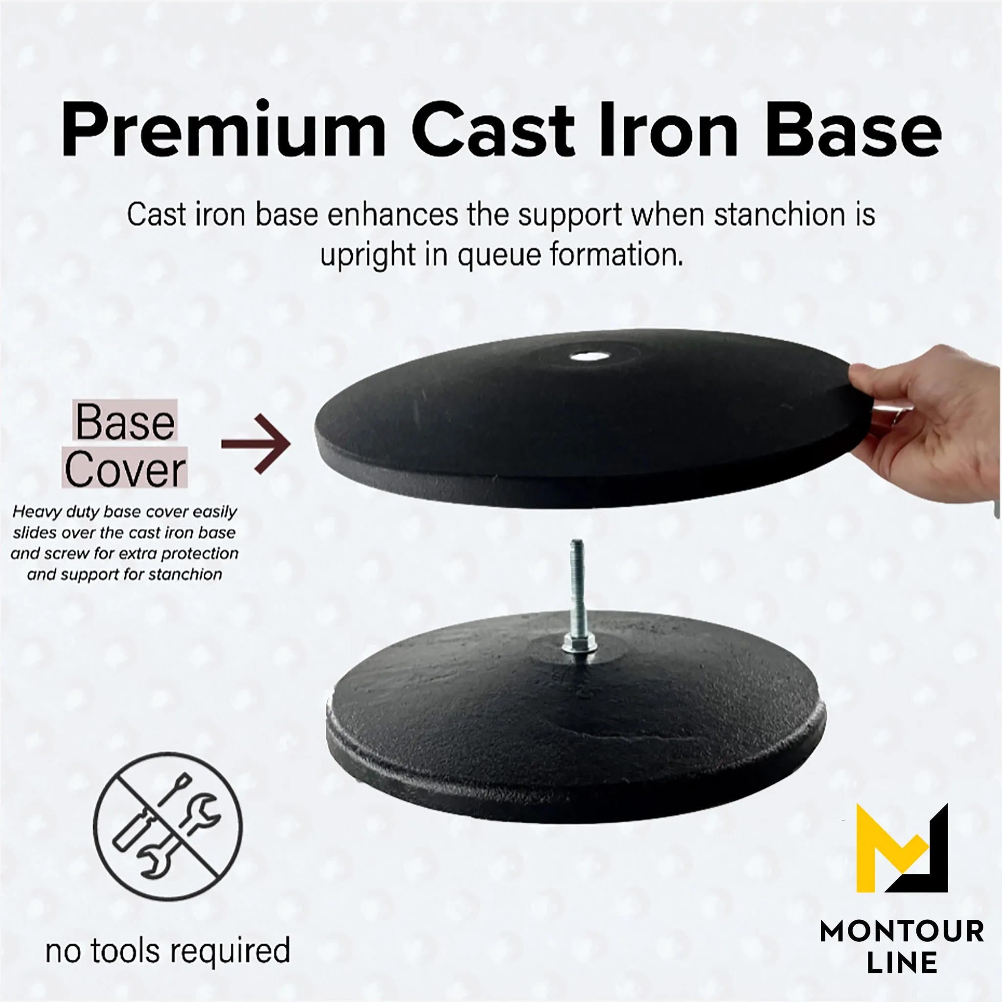 Retractable Belt Barrier Stanchion, Cast Iron Base Base, Black Powder Coated Post, 35 ft Belt - Montour Line MI760